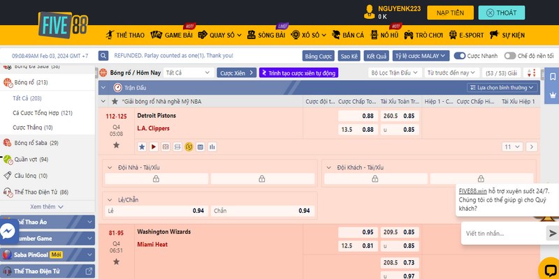 Giao diện cá cược Bóng Rổ FIVE88 thân thiện
